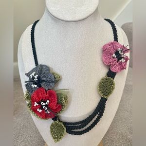 Multistrand, Needle Lace Necklace Headband with Flower Design, Beads, Multicolor